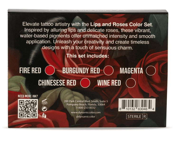 DYNAMIC INK | Labios y Rosas Tinta para Tatuar5 tintas para tatuar vibrantes rojo, perfectos para diseños de labios, rosas y más. Contiene 1 oz de rojo fuego, rojo chino, rojo burdeos, rojo vino y magenta.
