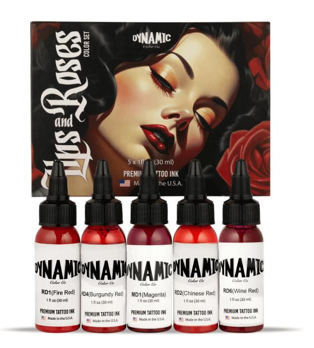 DYNAMIC INK | Labios y Rosas Tinta para Tatuar5 tintas para tatuar vibrantes rojo, perfectos para diseños de labios, rosas y más. Contiene 1 oz de rojo fuego, rojo chino, rojo burdeos, rojo vino y magenta.